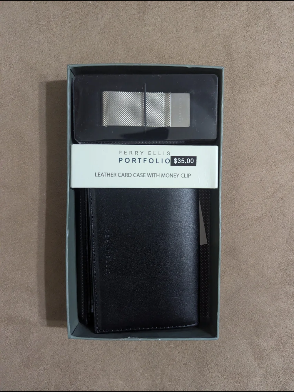 Perry Ellis Portfolio Black Leather Card Case with Money Clip
